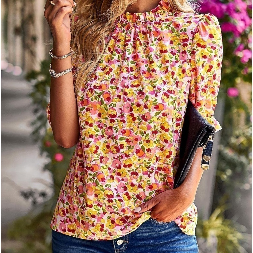 Boho Ruffle Neck Short Sleeve Frill Top - Picture 3 of 7